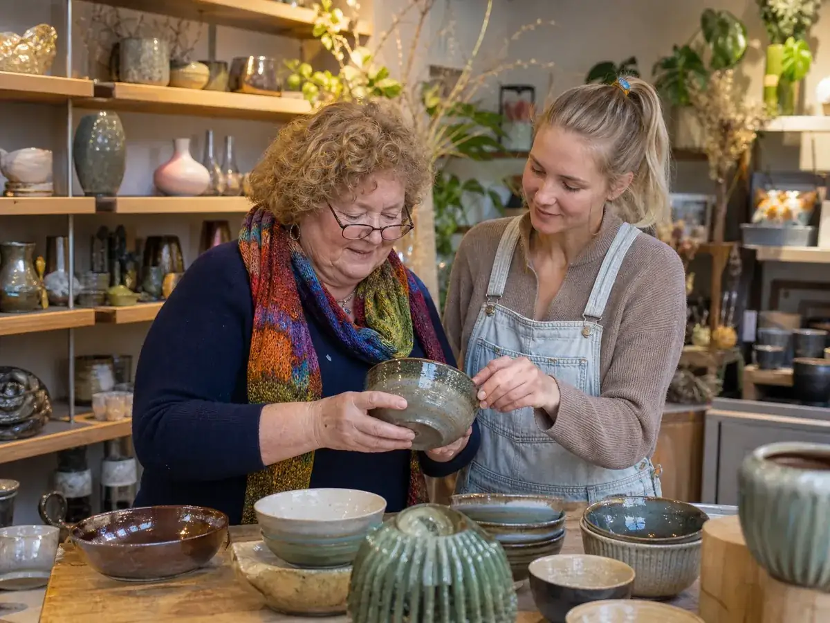 Inhaberin eines Geschenkeladens nimmt Keramik einer Kunsthandwerkerin in Kommission