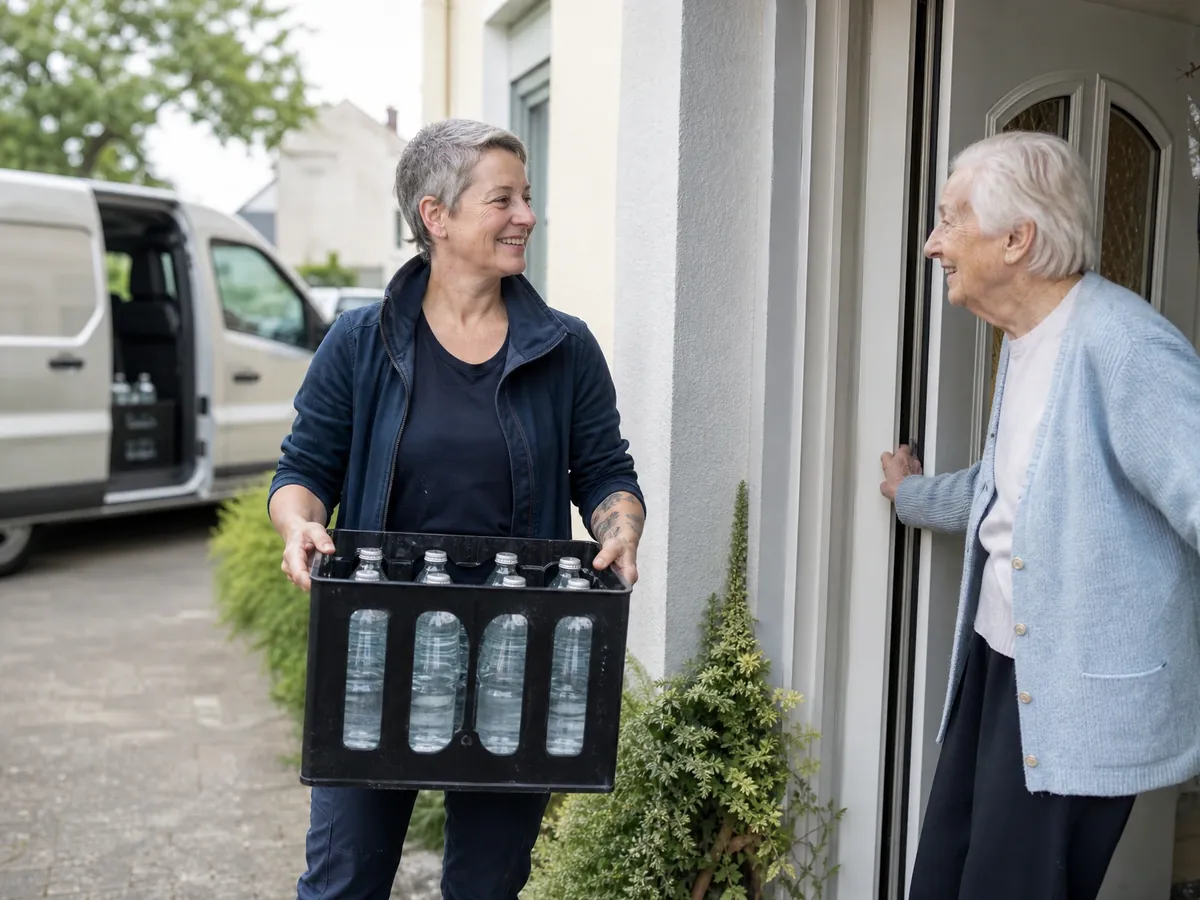 Getränkemarkt-Inhaberin liefert einer älteren Kundin eine Kiste Wasser bis an die Haustür