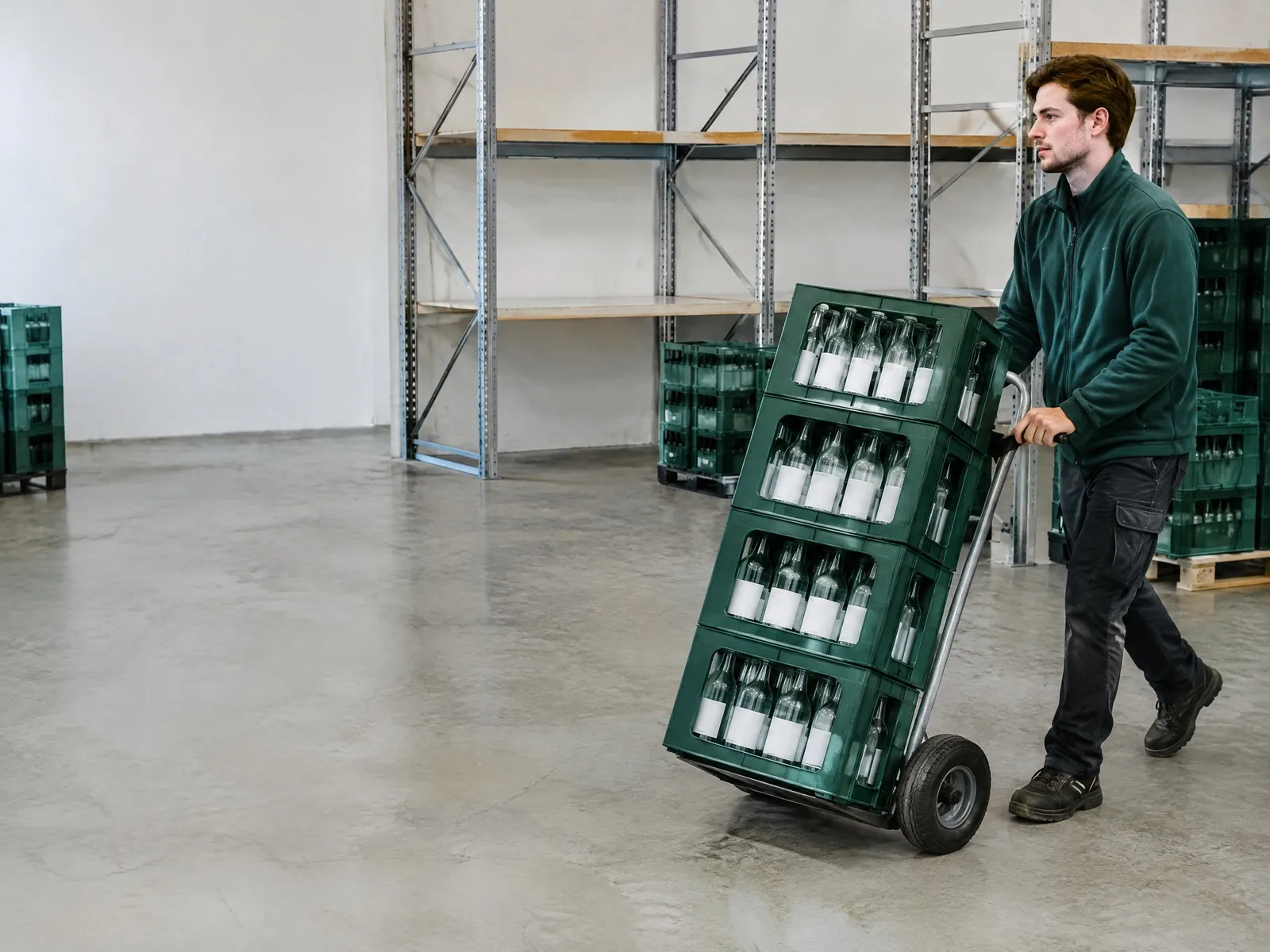 Mitarbeiter im Getränkemarkt schiebt gestapelte Getränkekisten auf einer Sackkarre durchs Lager