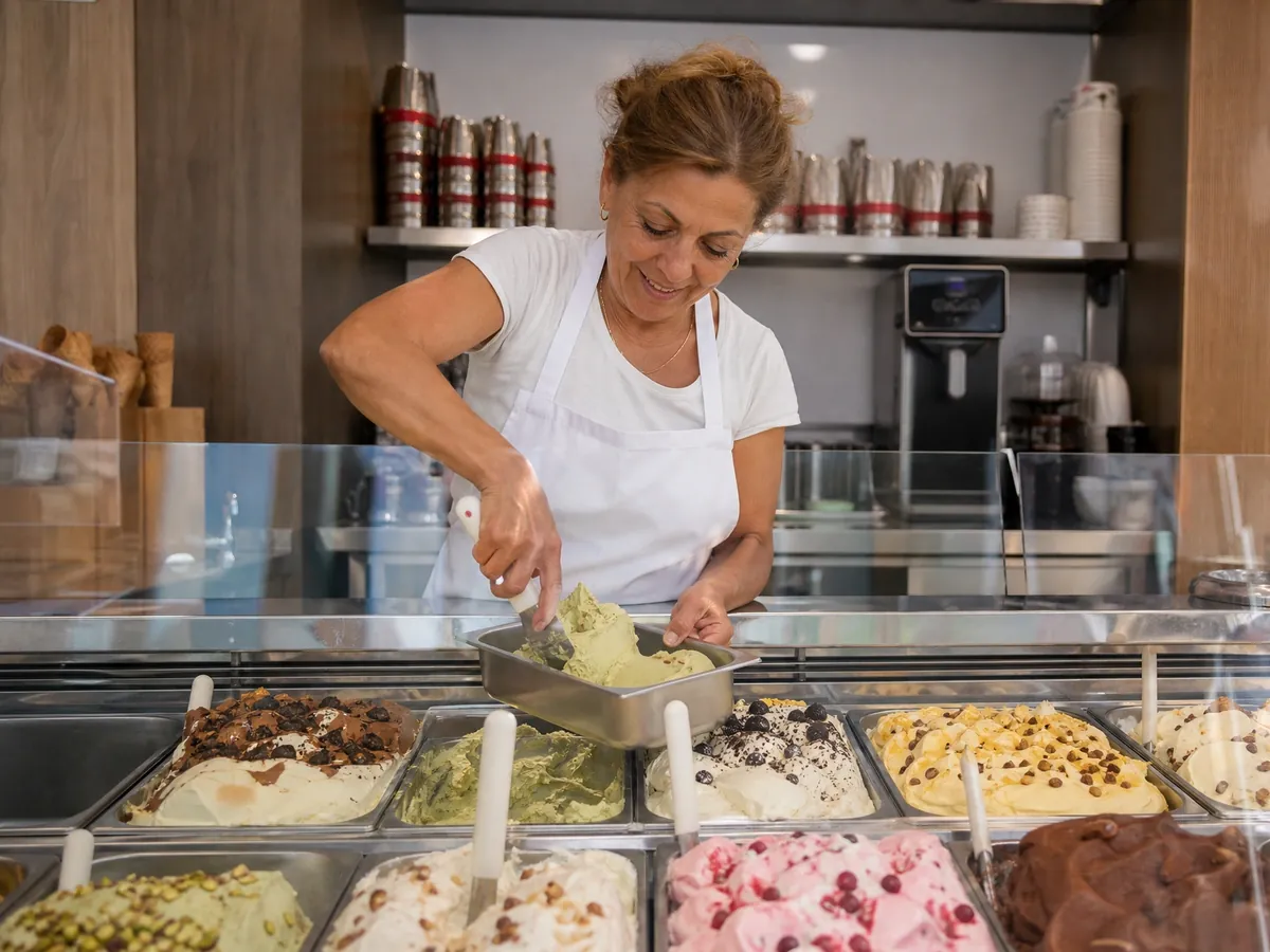 Inhaberin einer Eisdiele an ihrer Theke – als Gewerbebetrieb ist sie gewerbesteuerpflichtig