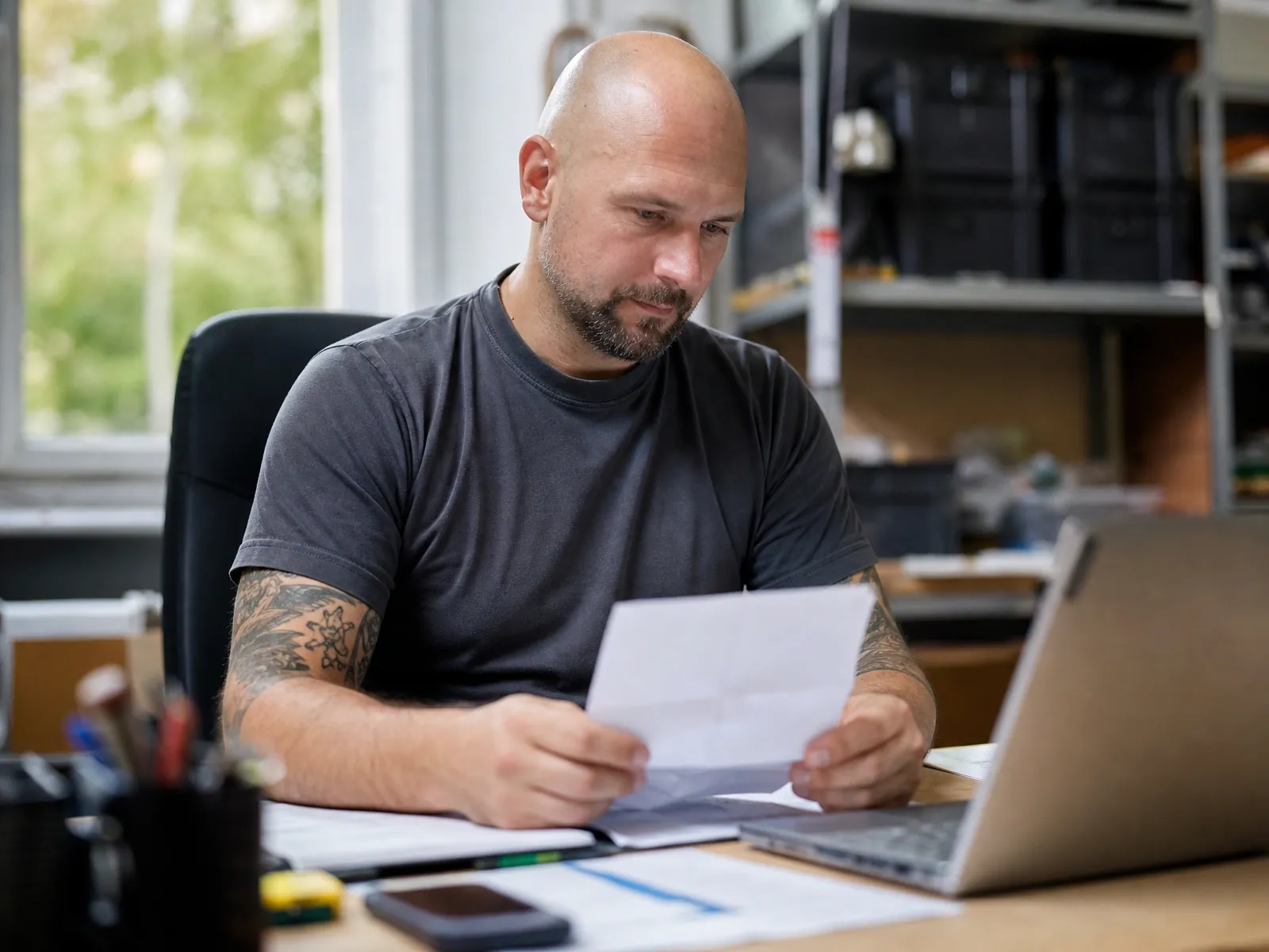 Gewerbesteuer für Gründer: Handwerker prüft im Büro seines Betriebs einen Bescheid