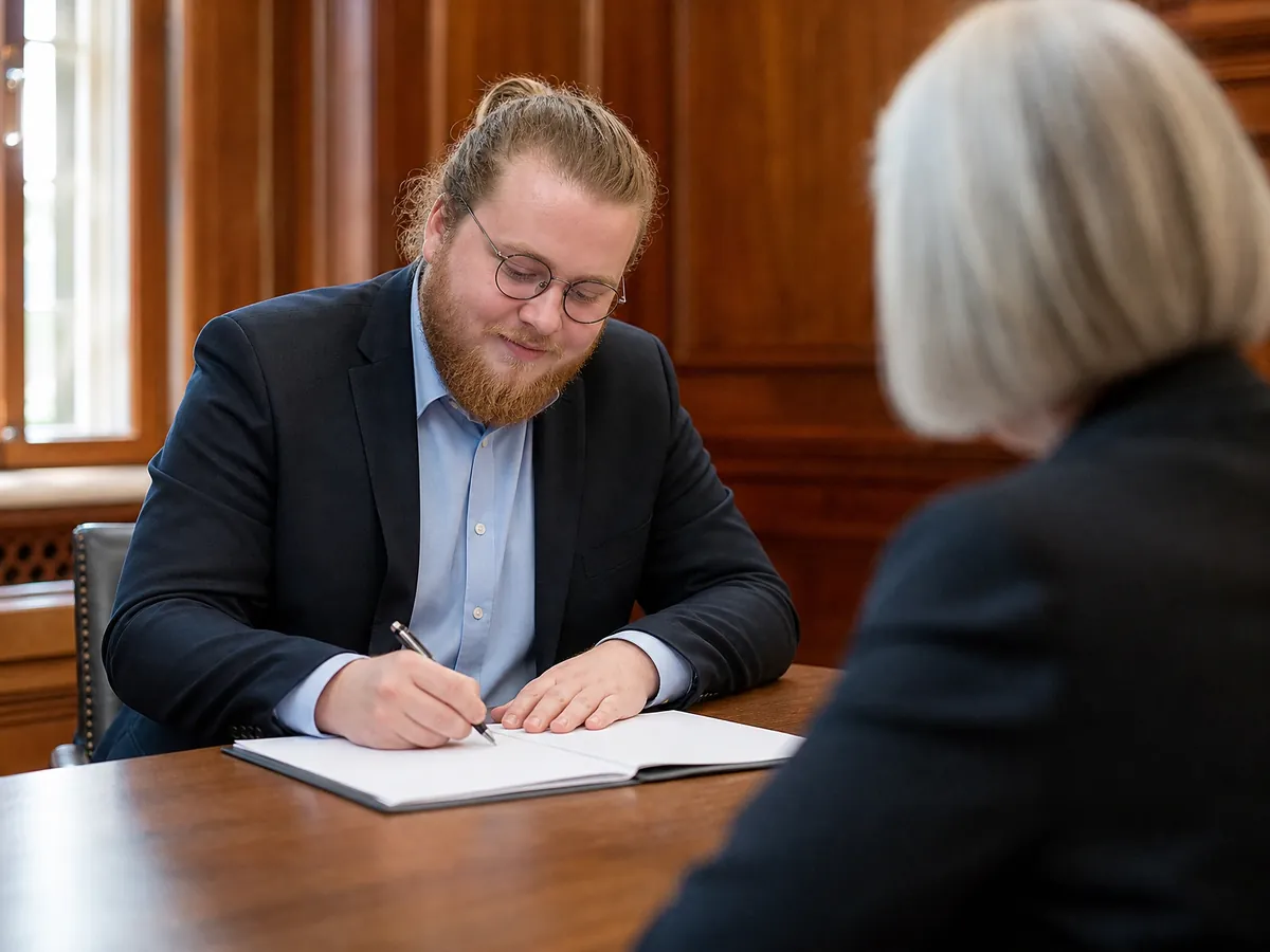 Gründer unterschreibt beim Notar den Gesellschaftsvertrag für seine neue GmbH