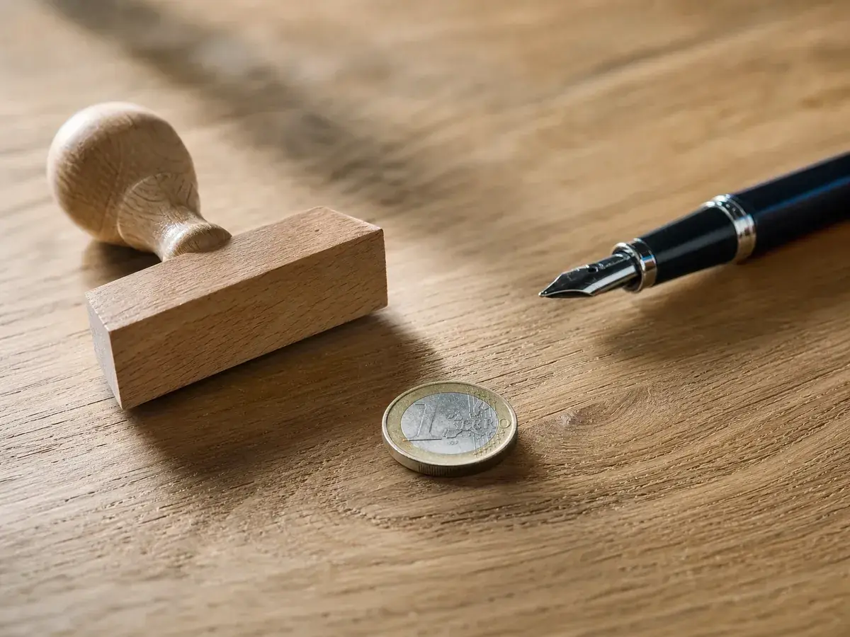 Ein-Euro-Münze neben Stempel und Füller, passend zum Mindeststammkapital der UG ab einem Euro
