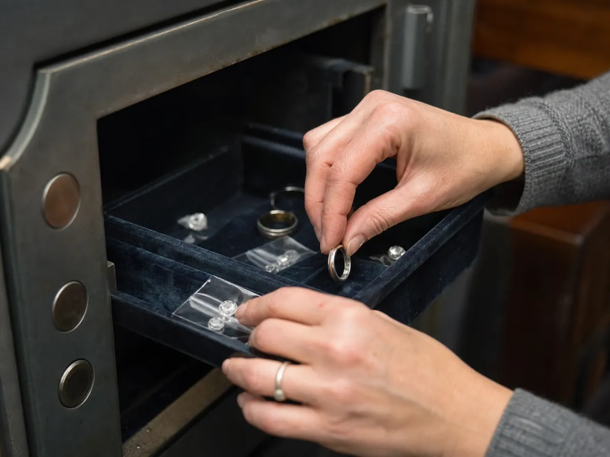 Goldschmiedin legt Kundenschmuck und Edelsteine am Abend sicher in den Tresor ihrer Werkstatt