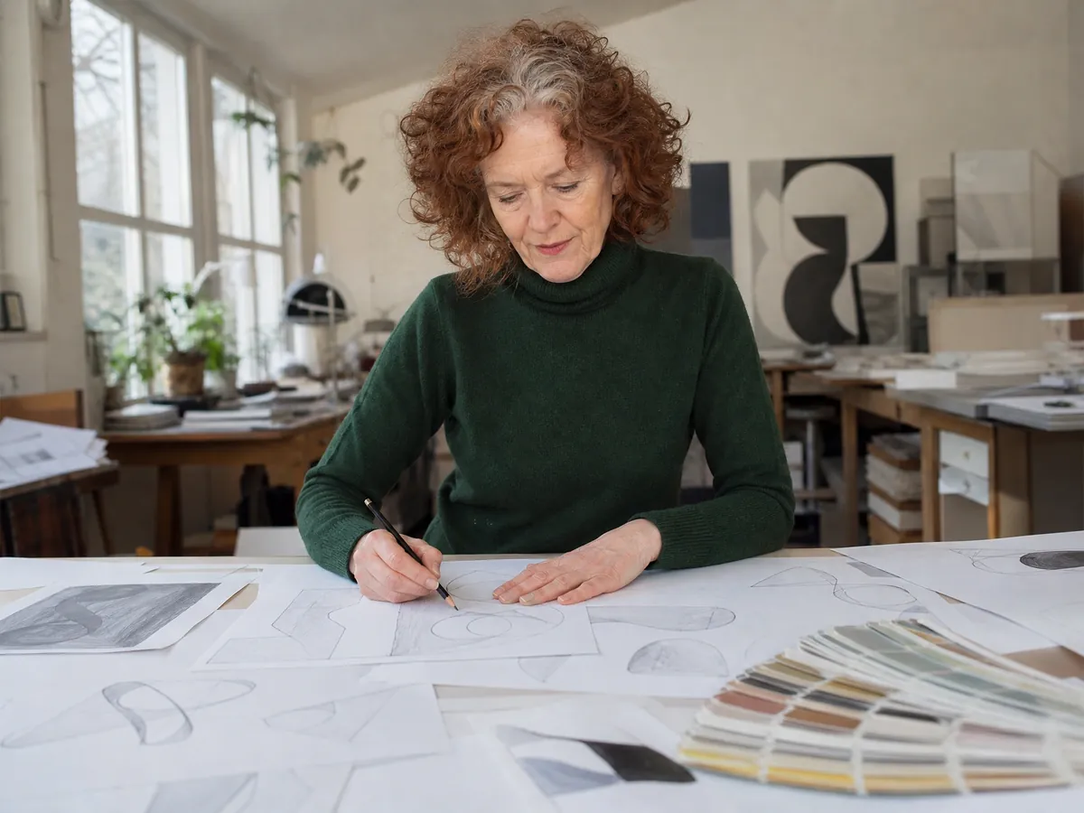 Freiberufliche Grafikdesignerin skizziert in ihrem Atelier Bildmarken für ein neues Logo