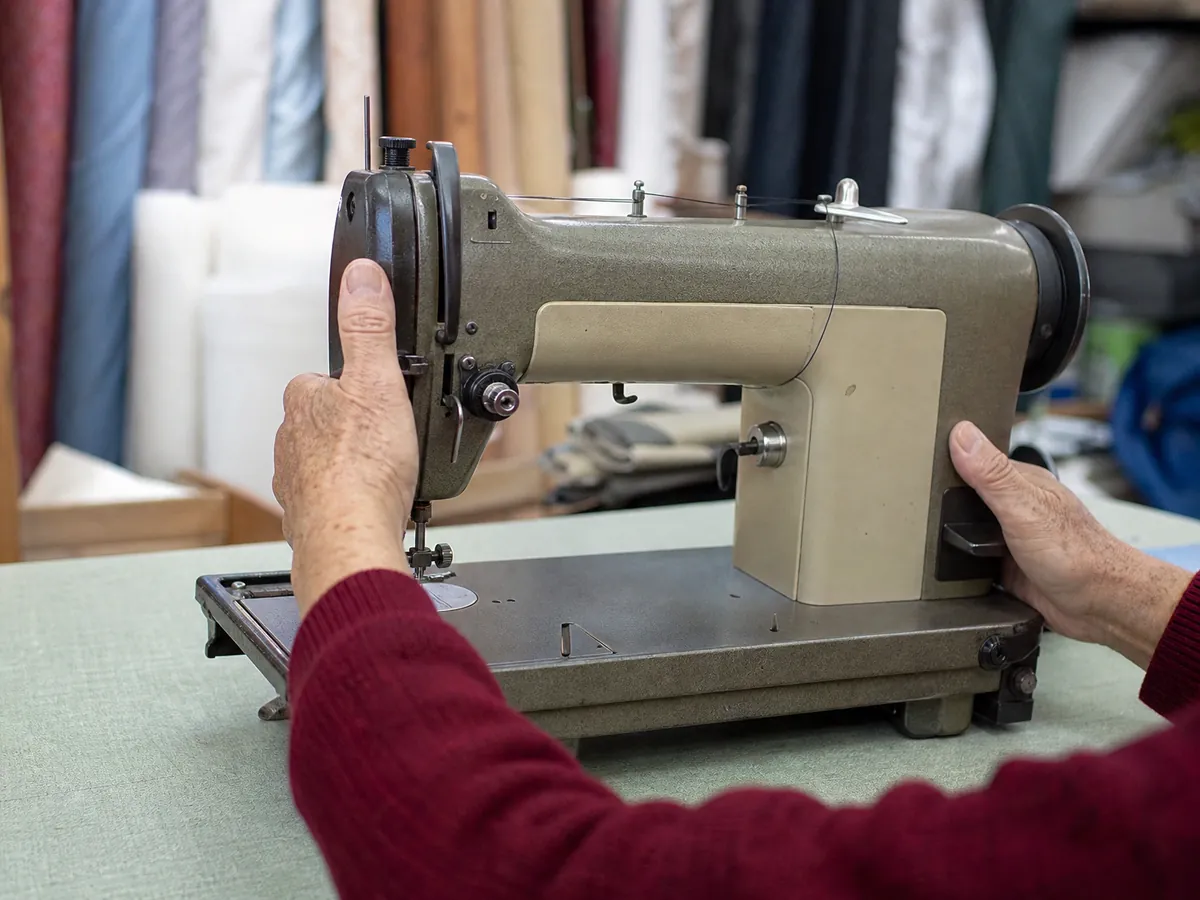 Hände stellen eine gebrauchte Nähmaschine auf, ein günstiger Start trotz Privatinsolvenz