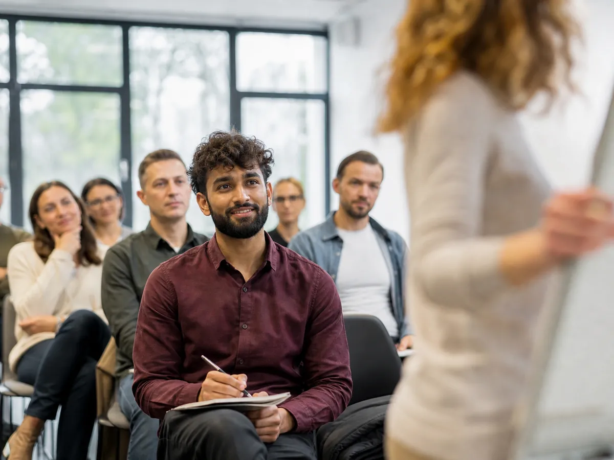 Junger Gründer schreibt in einem Gründerseminar der IHK mit, vorne die Referentin
