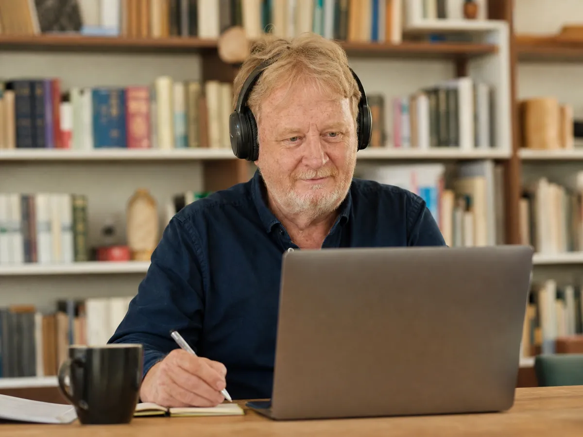 Älterer Gründer nimmt im Arbeitszimmer per Videocall an seinem Gründercoaching teil