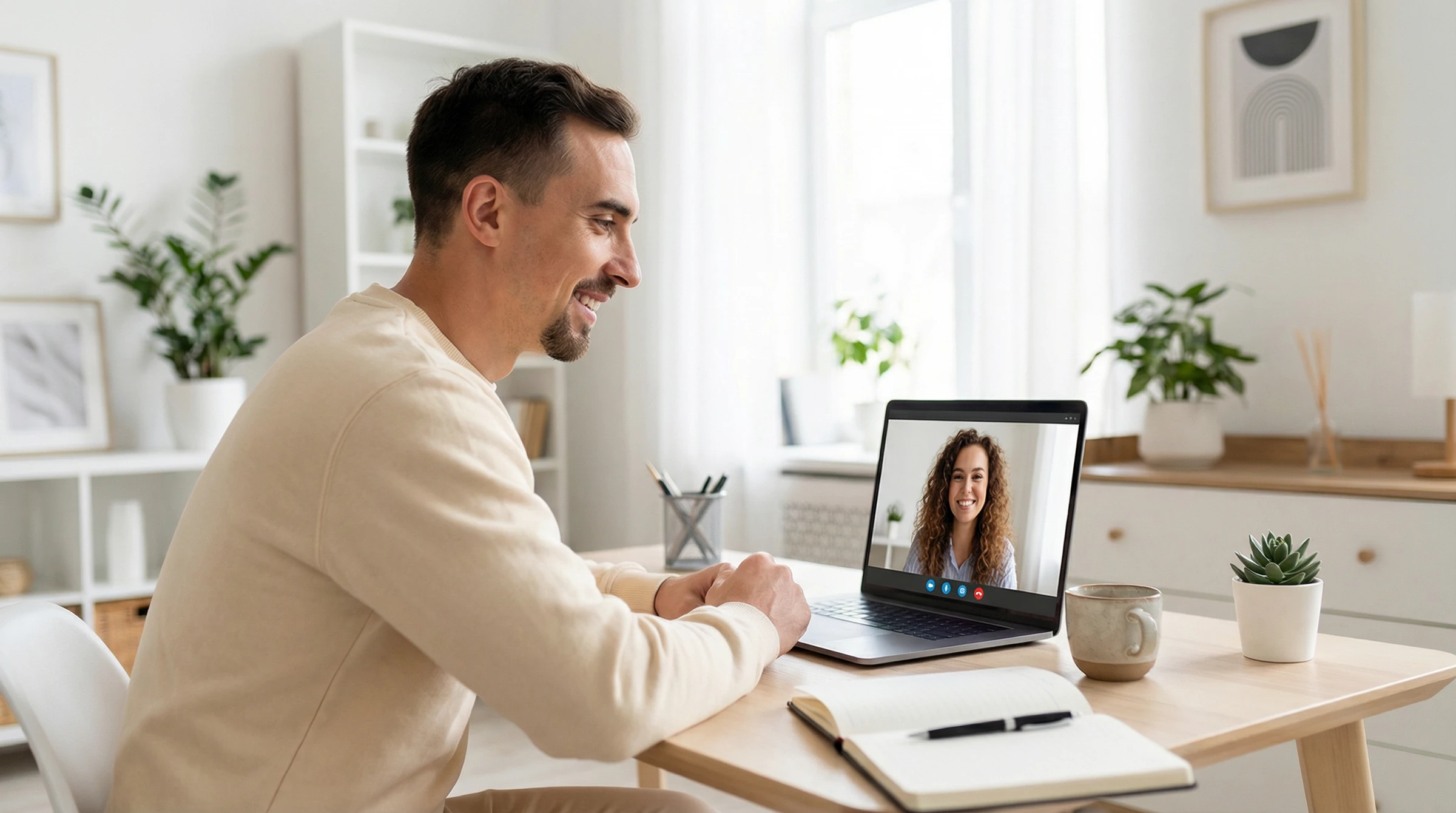 Lächelnder Mann sitzt am Schreibtisch und spricht über den Laptop per Videocall mit einer Frau