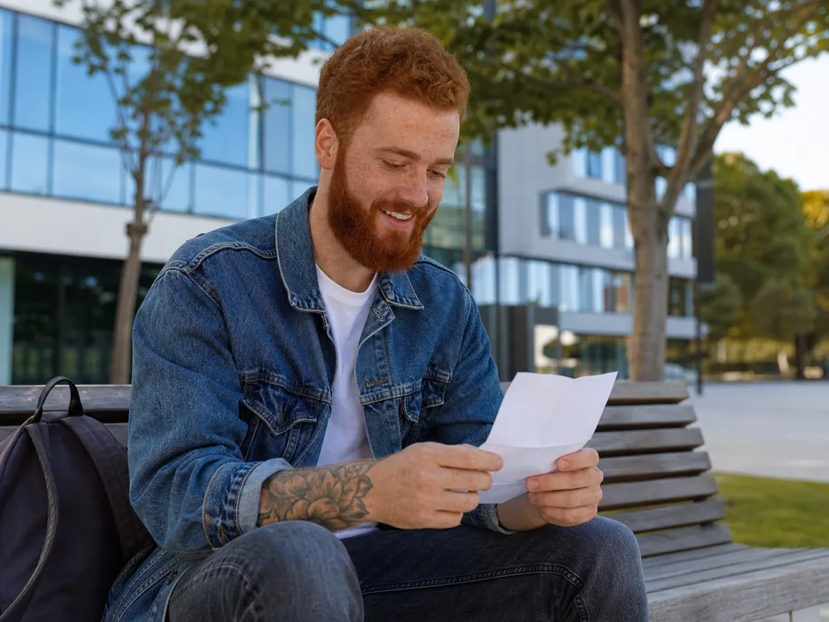 Gründer liest auf einer Parkbank den Brief zur Förderung seiner Gründungsberatung