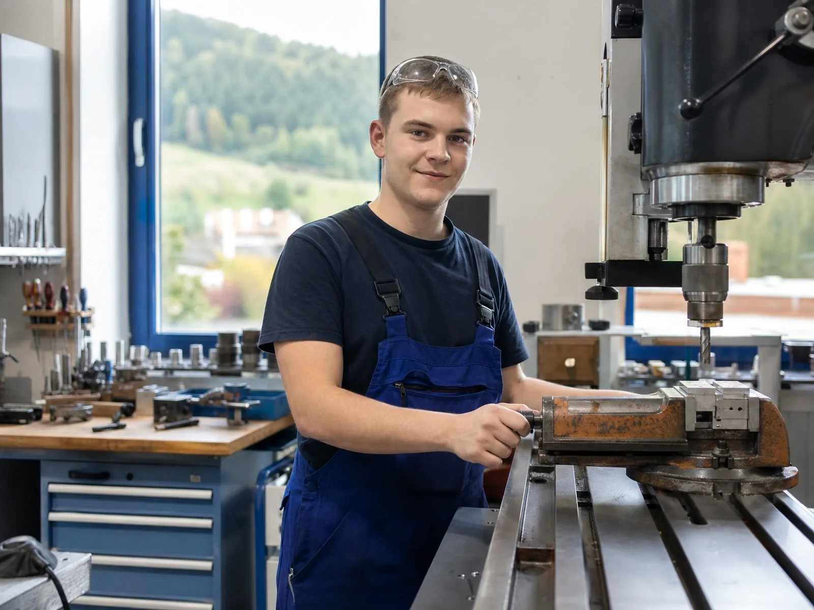 Gründungsförderung in Baden-Württemberg: Junger Feinmechaniker an der Fräsmaschine in seiner Werkstatt
