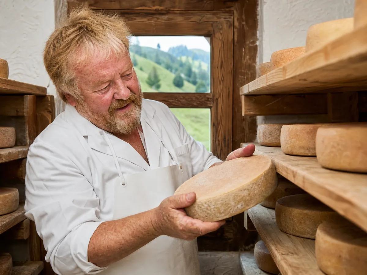 Älterer Gründer wendet in seiner kleinen Allgäuer Hofkäserei Käselaibe im Reiferegal