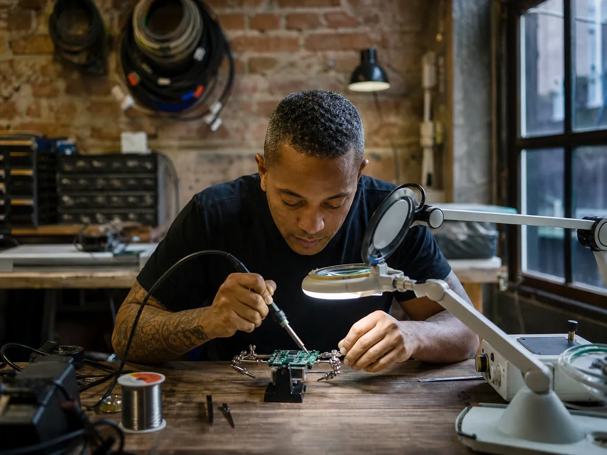 Start-up-Gründer arbeitet in einem Berliner Hinterhoflabor an einem Hardware-Prototyp