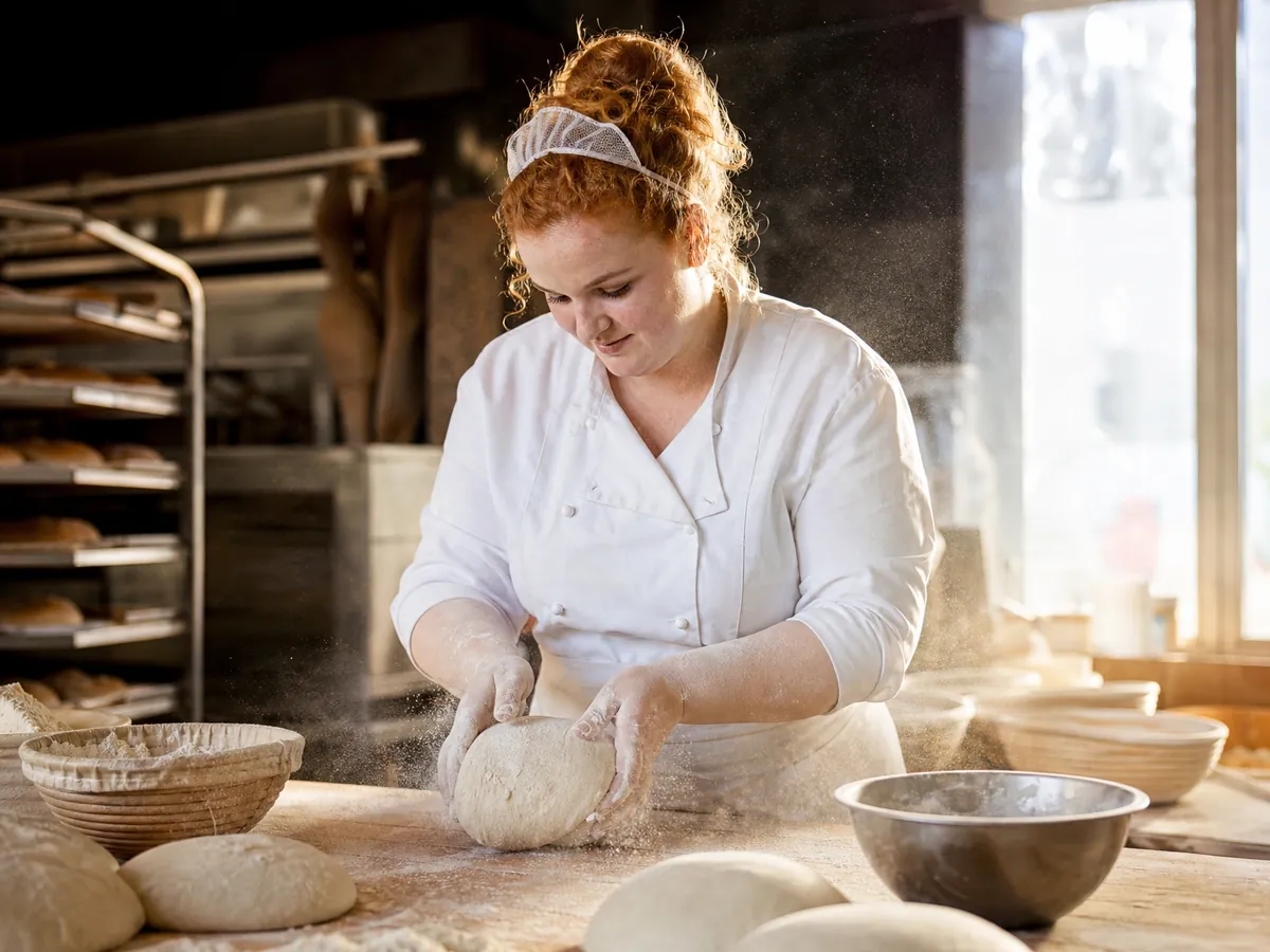 Junge Bäckermeisterin formt Brote in der Dorfbäckerei, die sie in Brandenburg übernommen hat