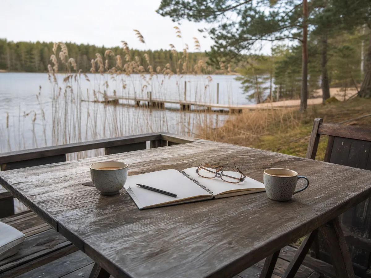 Besprechungstisch mit Notizbuch und Kaffee an einem Brandenburger See, bereit für die Gründungsberatung