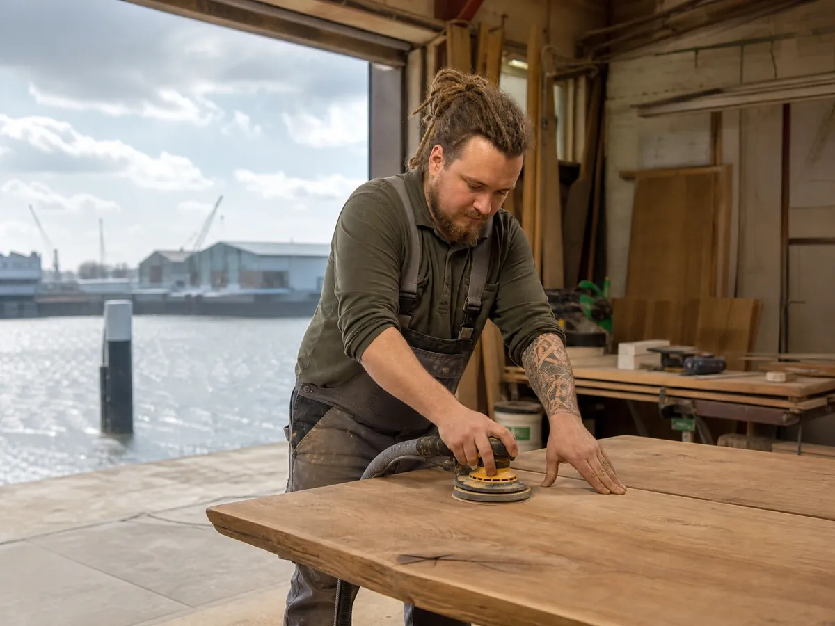 Gründer schleift in seiner Möbelwerkstatt in einem Bremer Hafenschuppen einen Holztisch ab