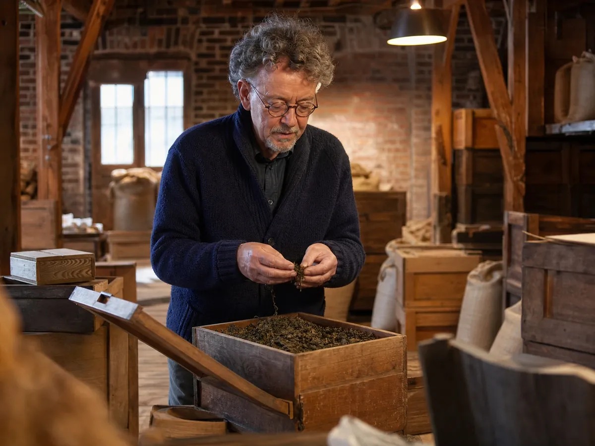 Älterer Gründer prüft im Lager seines Teehandels in der Hamburger Speicherstadt eine Teekiste