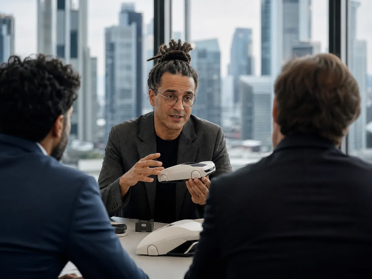 Gründer stellt Investoren in Frankfurt sein Produkt vor, um Beteiligungskapital zu gewinnen