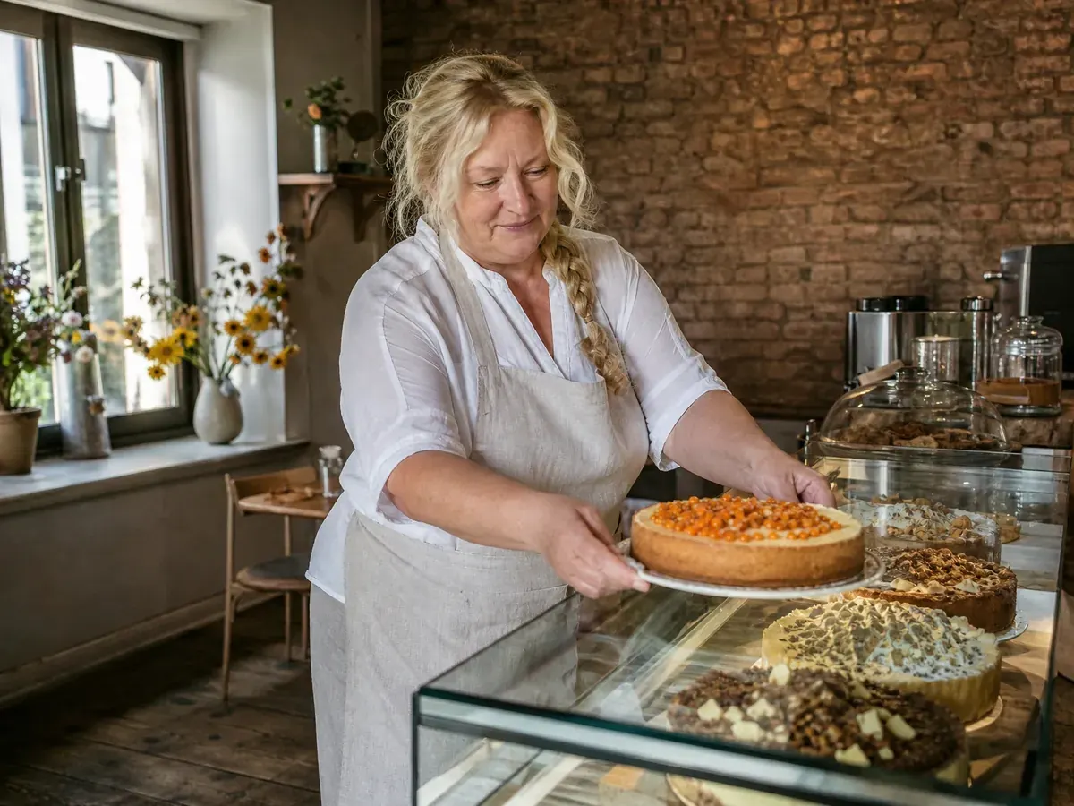 Gründerin stellt in ihrem Café in Wismar Kuchen in die Vitrine, finanziert mit einem Mikrodarlehen