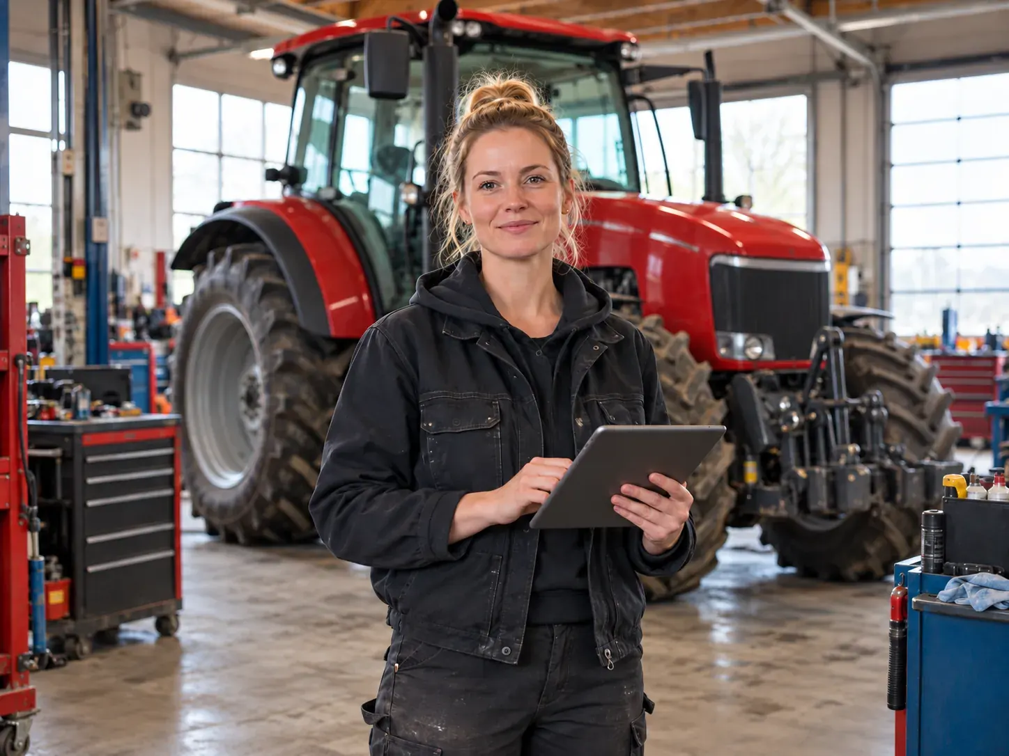 Gründungsförderung in Niedersachsen: Gründerin mit Tablet in ihrer Landtechnik-Werkstatt vor einem Traktor