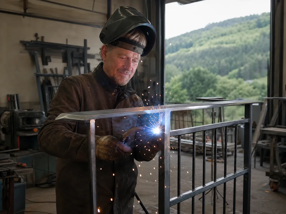 Metallbaumeister fertigt in seinem neu gegründeten Betrieb im Sauerland ein Treppengeländer