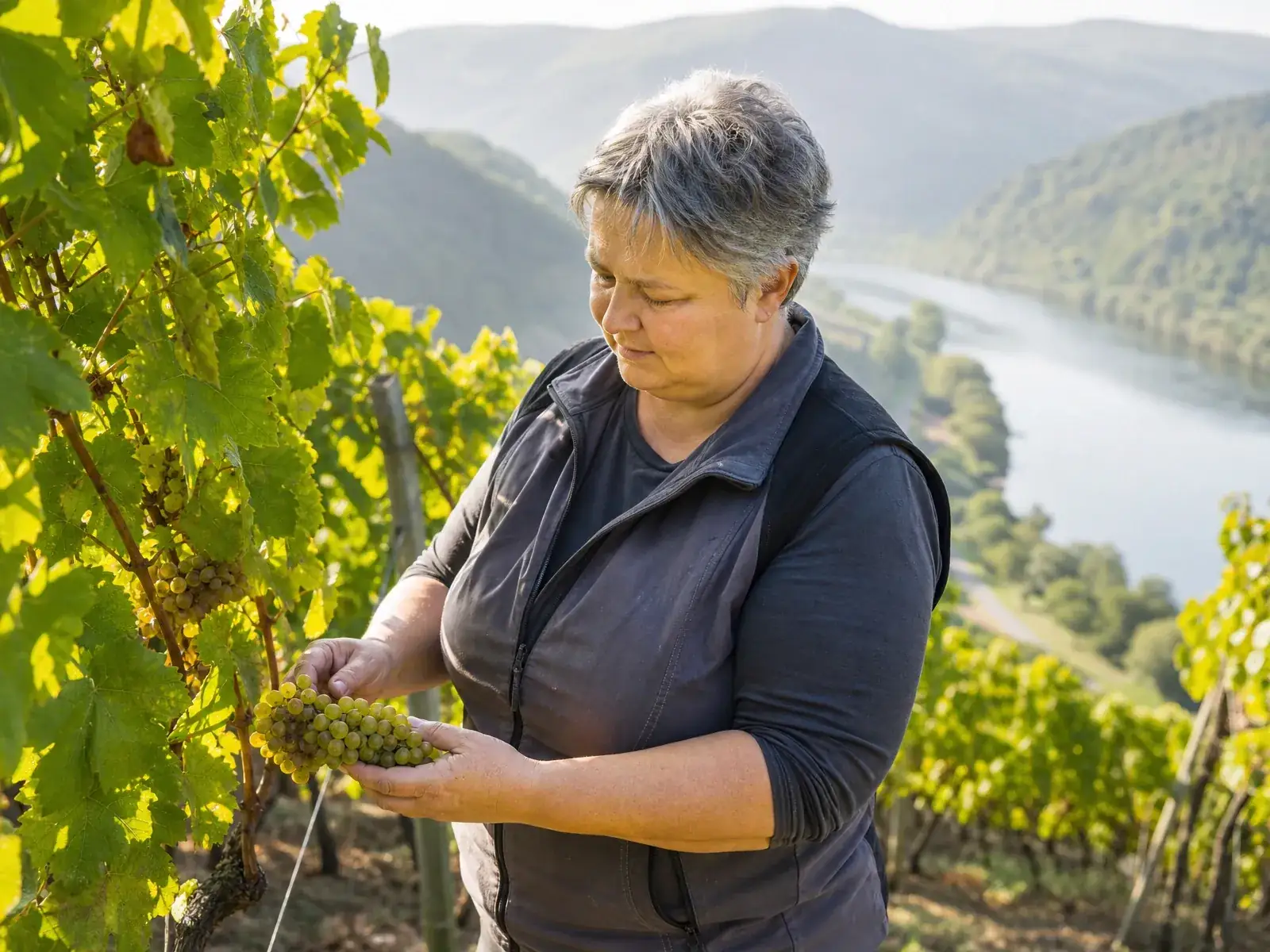 Gründungsförderung in Rheinland-Pfalz: Winzerin prüft die Trauben in einem Weinberg über dem Flusstal