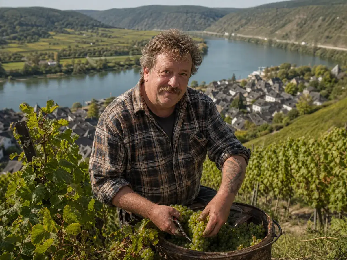 Gründer erntet Trauben am steilen Moselhang für sein neues Weingut in Rheinland-Pfalz