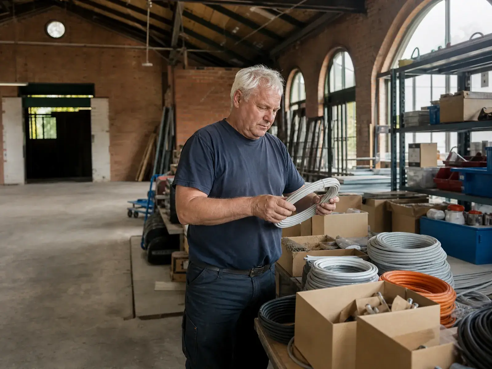 Gründungsförderung im Saarland: Elektromeister sortiert Material in seiner Backsteinhalle