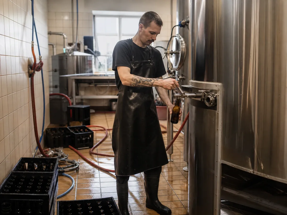 Junger Gründer füllt in seiner Kleinbrauerei in Saarbrücken Bier ab