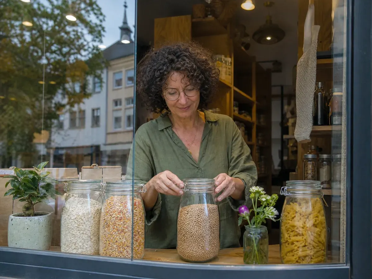 Gründerin dekoriert ihren Unverpacktladen im Saarland, finanziert über ein Startkapitalprogramm