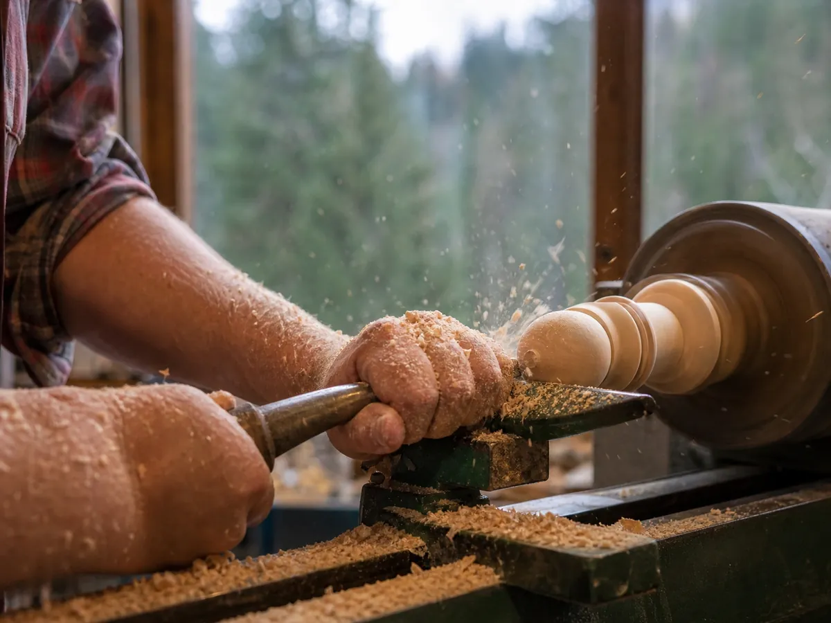 Hände drechseln in einer Werkstatt im Thüringer Wald eine Holzfigur für einen neuen Kleinbetrieb