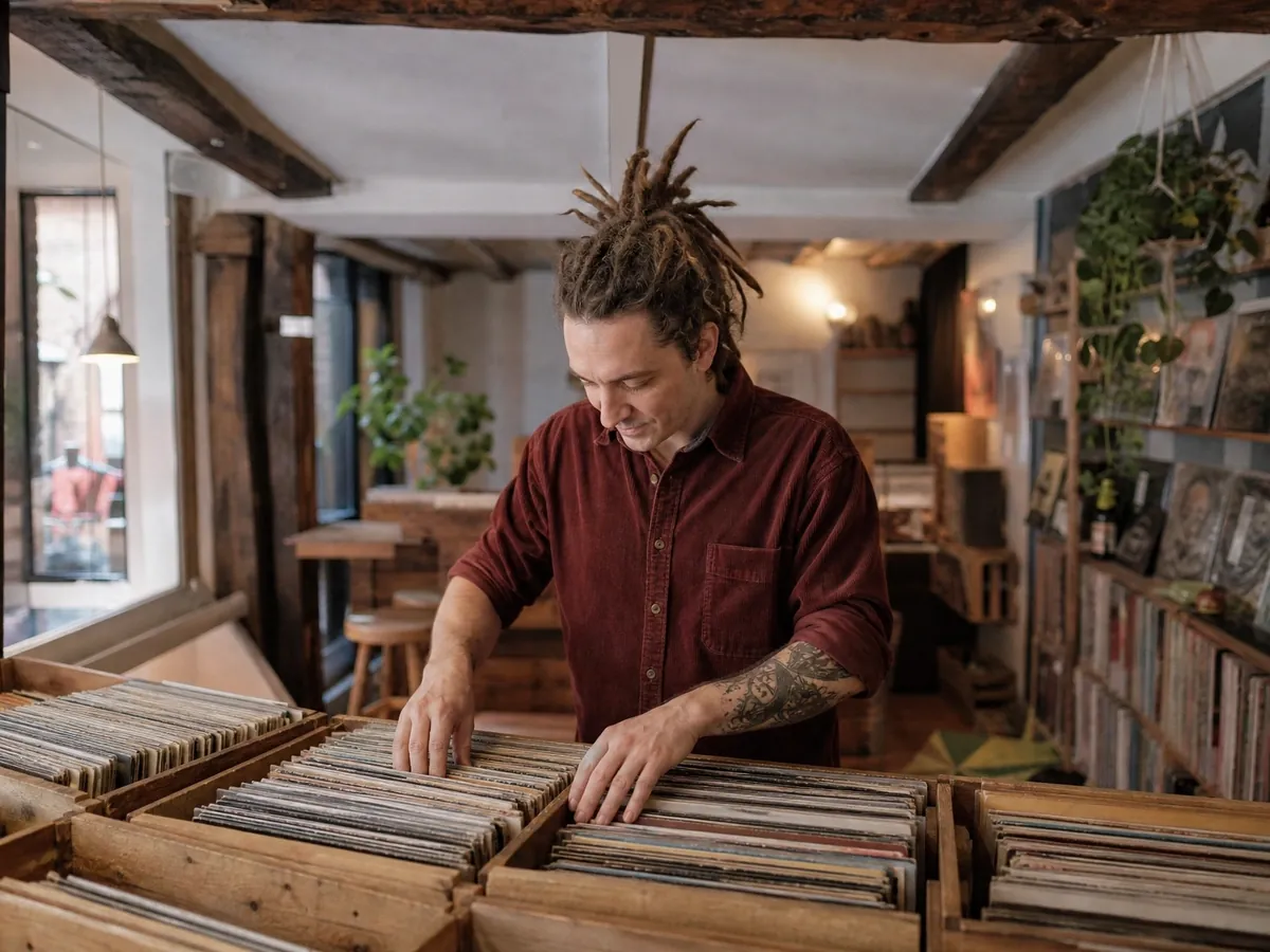 Gründer sortiert in seinem kleinen Plattenladen auf der Erfurter Krämerbrücke Schallplatten