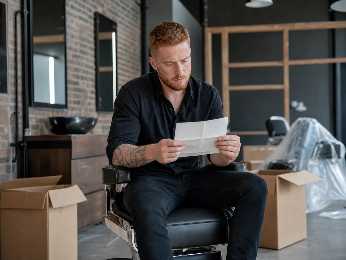 Gründer liest in seinem halb eingerichteten Barbershop die Ablehnung seines Gründungszuschusses