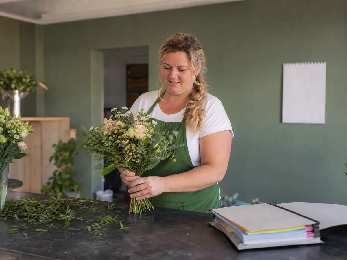 Floristin plant in ihrem künftigen Laden die Schritte für den Antrag auf Gründungszuschuss
