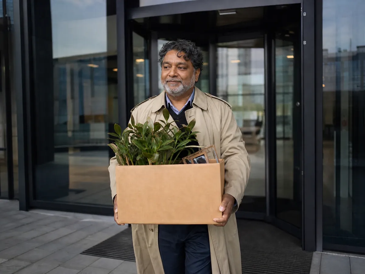 Mann verlässt nach seiner Kündigung mit einem Karton das Büro, bevor er sich selbstständig macht