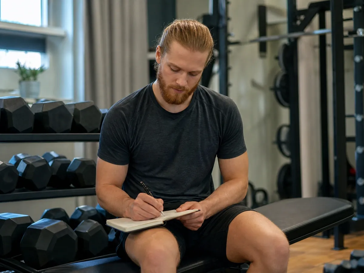 Personal Trainer plant im Studio, wie er den Gründungszuschuss in seinen Finanzplan einrechnet