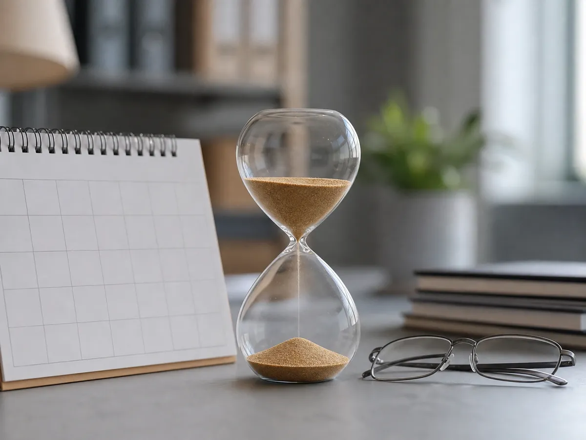 Sanduhr mit rinnendem Sand neben einem leeren Tischkalender und einer Brille auf dem Schreibtisch