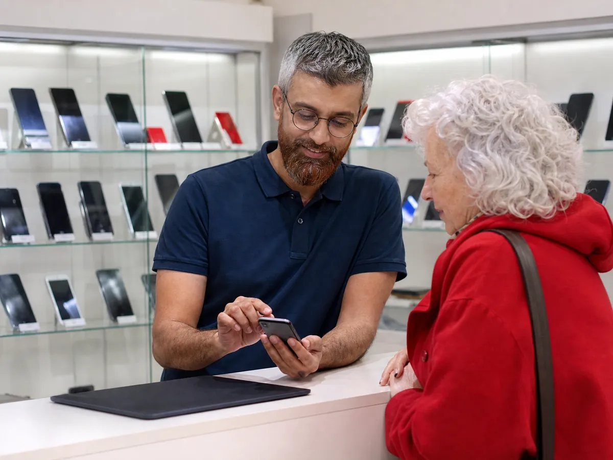 Inhaber eines Handyshops berät eine Kundin zu einem neuen Mobilfunkvertrag