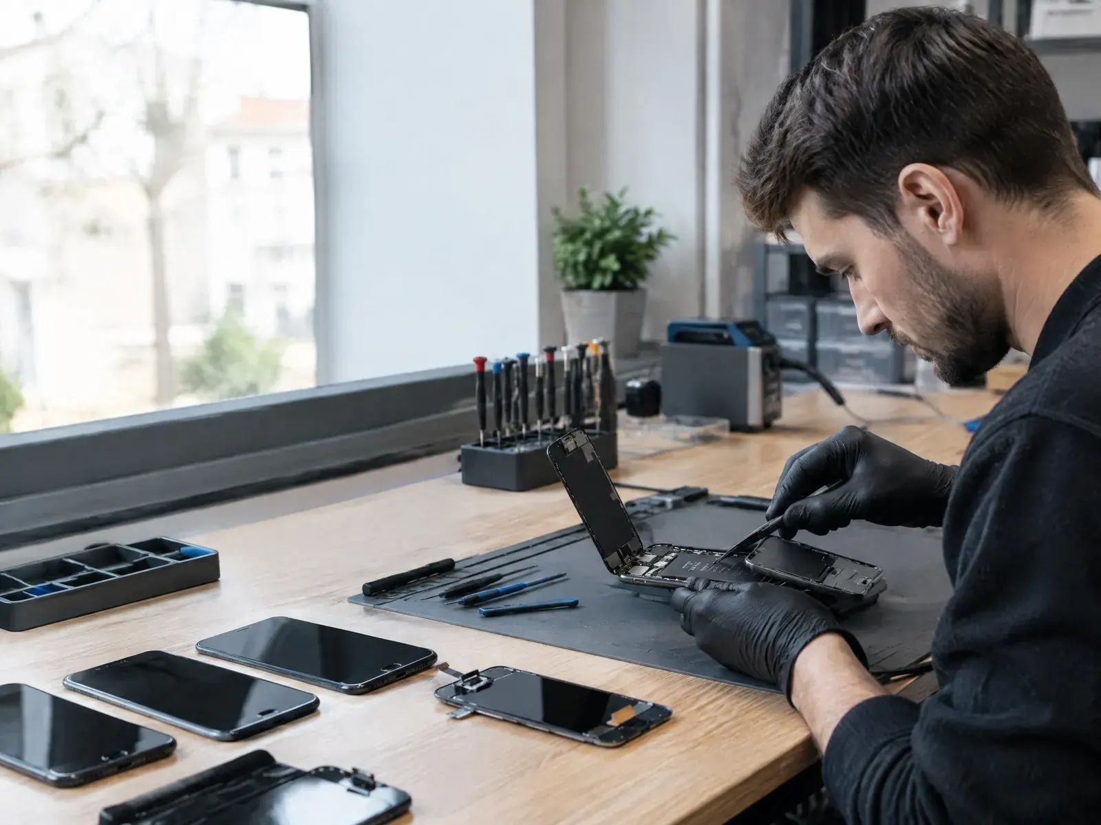 Techniker repariert im Handyshop ein geöffnetes Smartphone, auf der Werkbank liegen Displays und Werkzeug