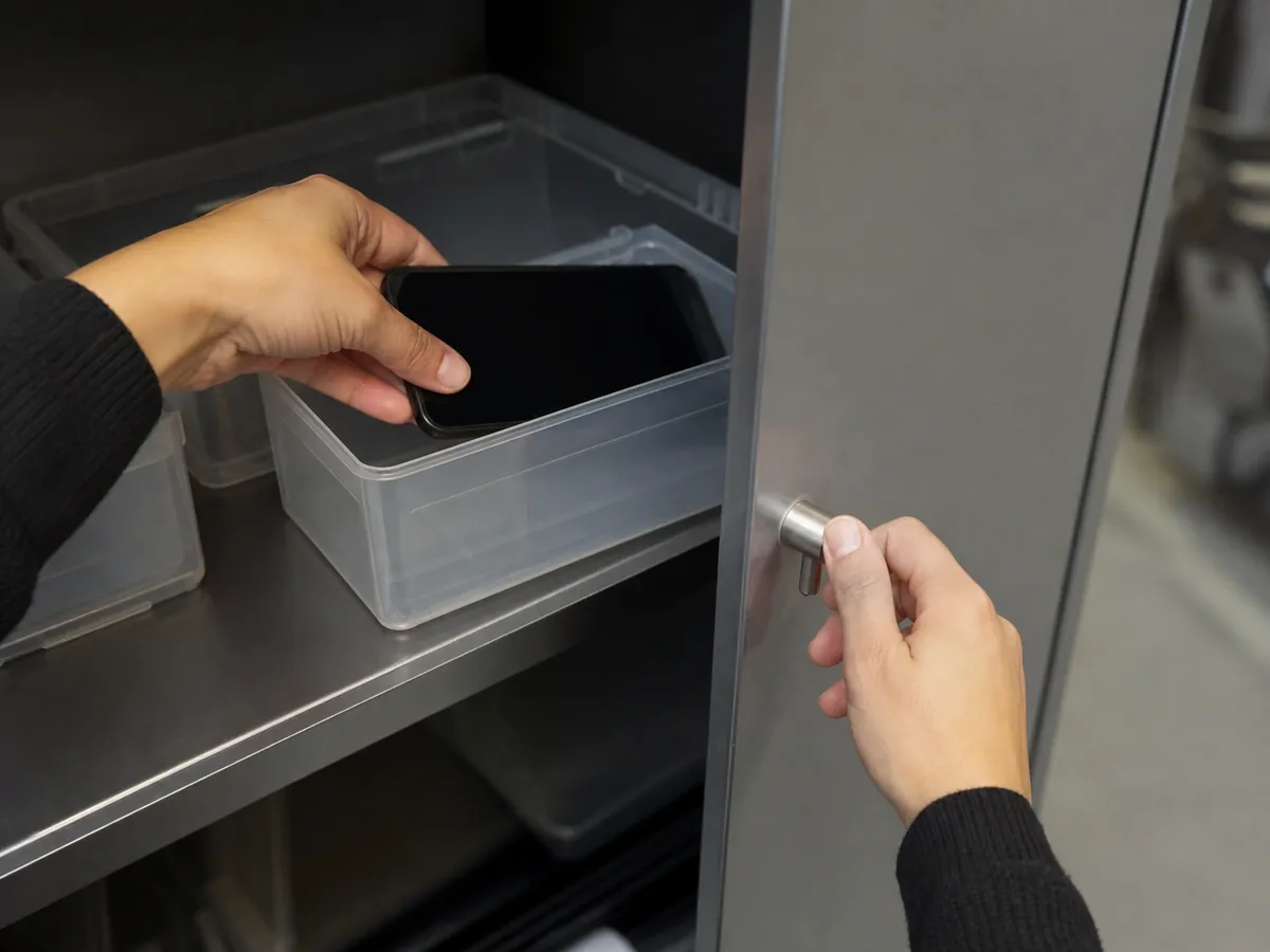Hand verstaut ein Kundenhandy zur Reparatur sicher im abschließbaren Schrank des Handyshops