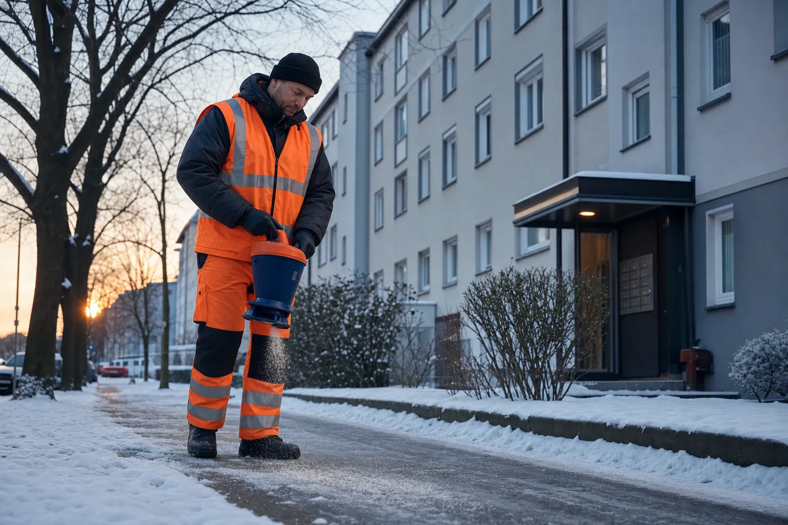 Mitarbeiter in orangefarbener Warnkleidung streut im Winter einen verschneiten Gehweg vor einem Wohnhaus