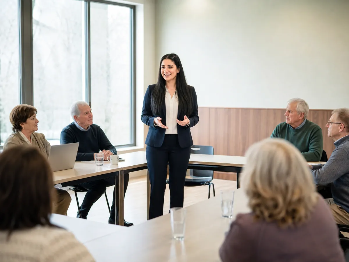 Junge Hausverwalterin leitet eine Eigentümerversammlung einer Wohnungseigentümergemeinschaft