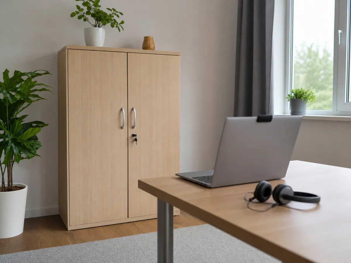 Abschließbarer Aktenschrank und Headset in einer Praxis für Psychotherapie nach Heilpraktikergesetz