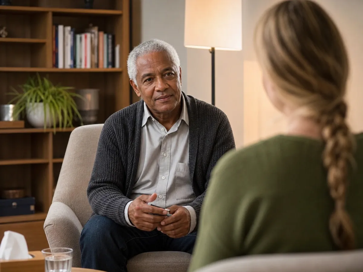 Heilpraktiker für Psychotherapie im Gespräch mit einer Klientin in seinem Praxisraum