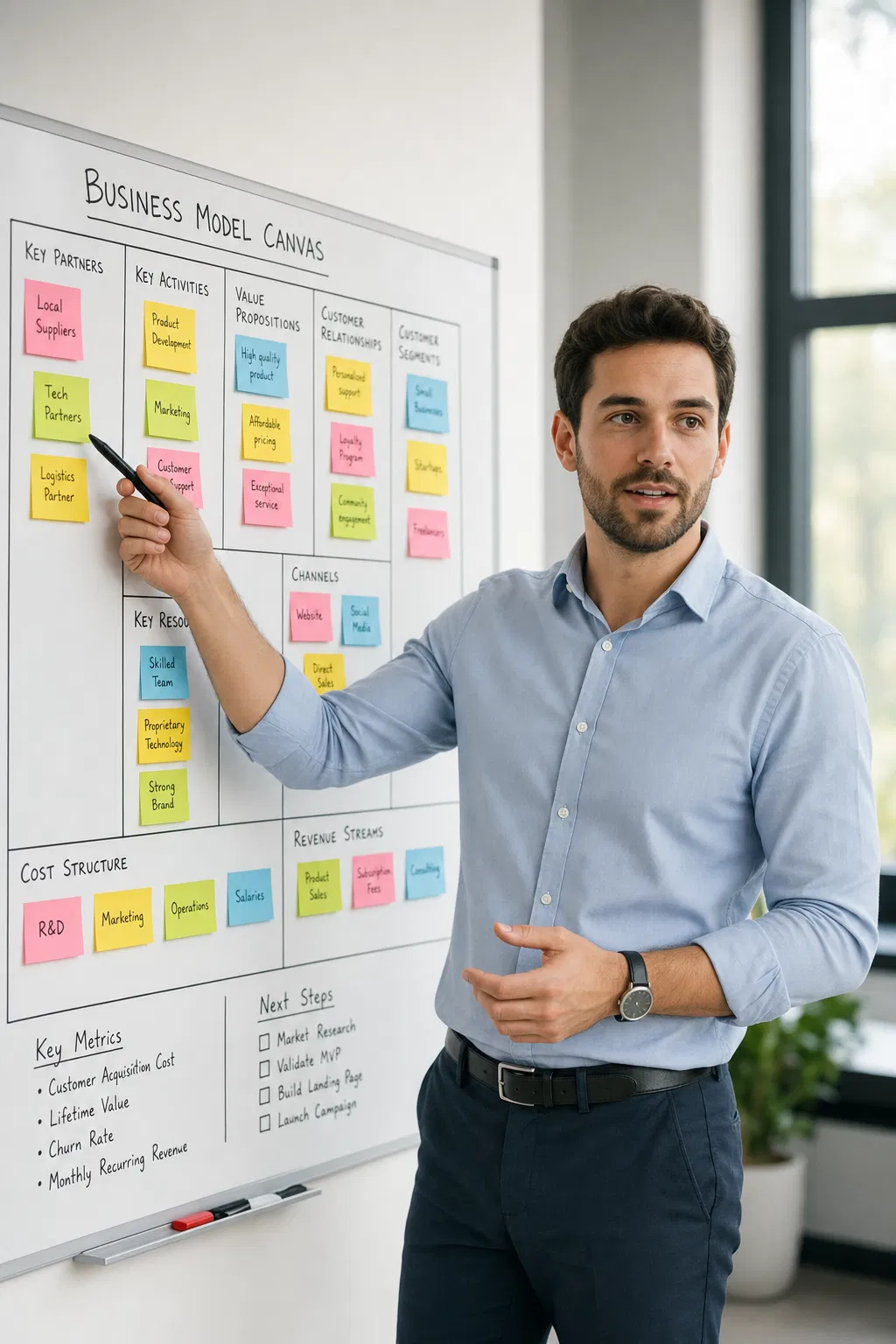Gründer im hellblauen Hemd zeigt mit einem Stift auf ein Business Model Canvas mit bunten Haftnotizen an einem Whiteboard