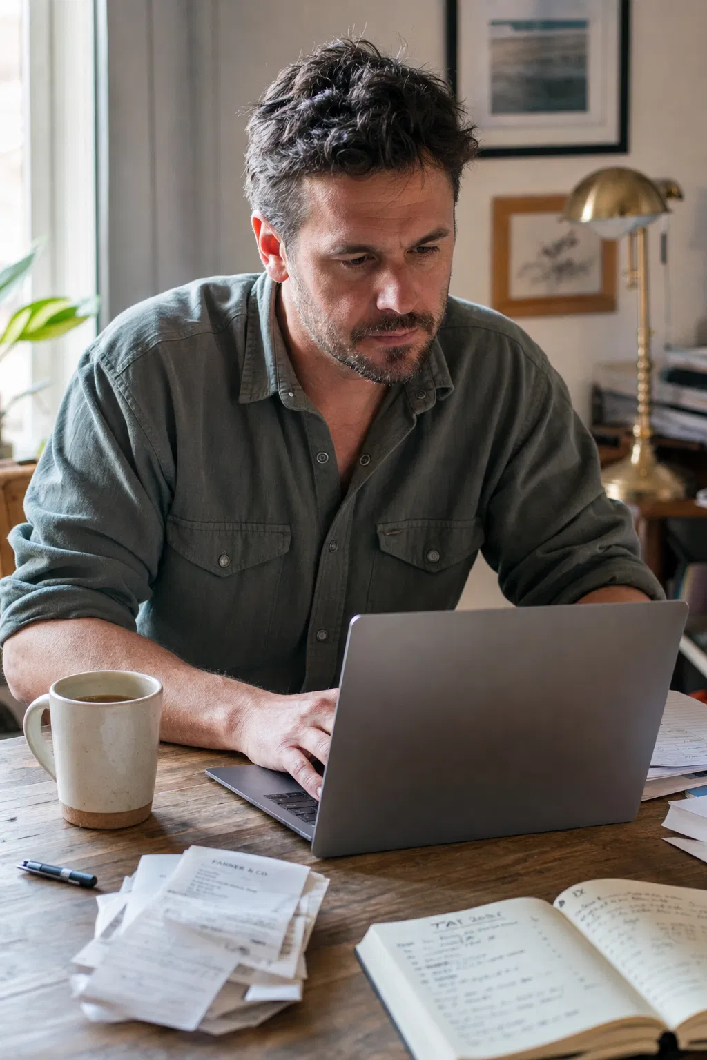Mann sitzt mit Laptop, Notizbuch und einem Stapel Quittungen an einem Holztisch