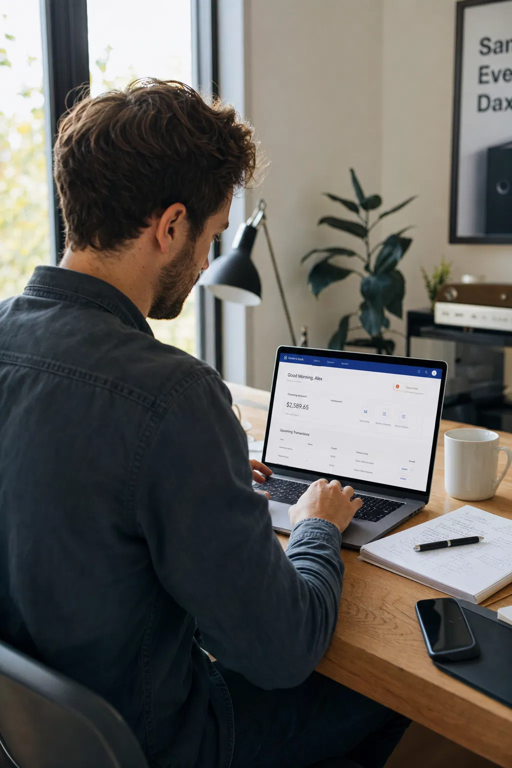 Mann sitzt an einem Schreibtisch und schaut auf eine Banking-Übersicht auf seinem Laptop