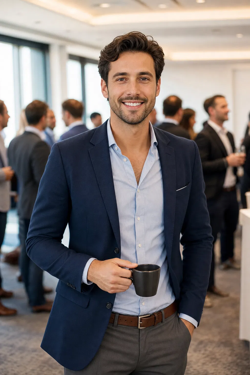 Mann im blauen Sakko mit Kaffeetasse steht lächelnd auf einer Netzwerkveranstaltung, im Hintergrund Gäste im Gespräch