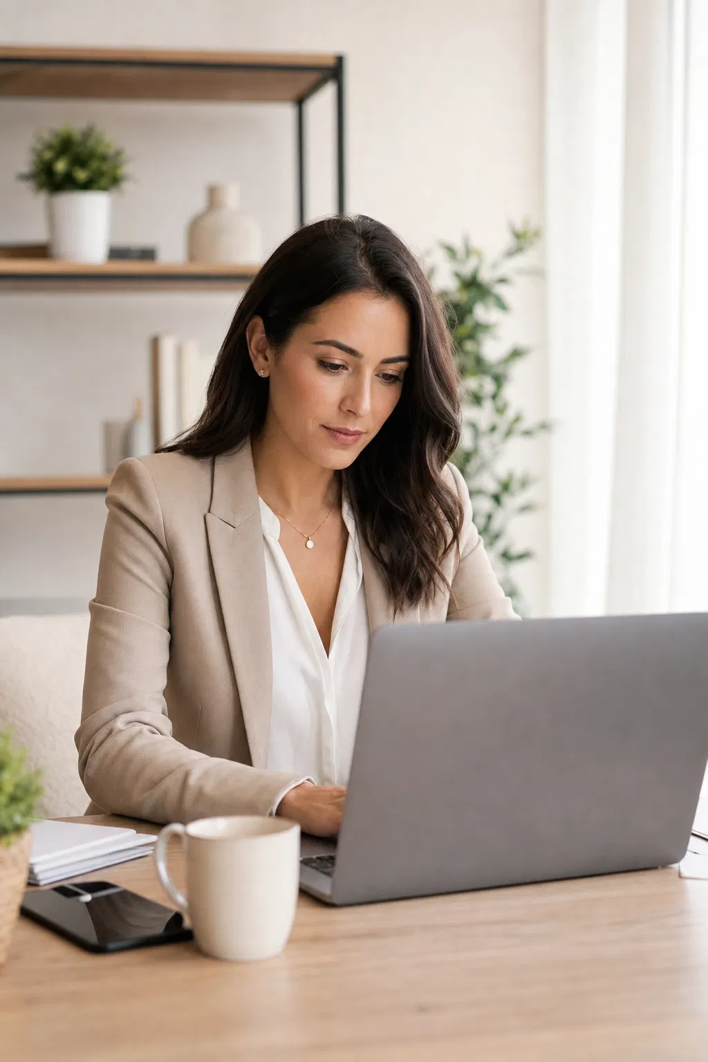 Frau im beigen Blazer arbeitet konzentriert am Laptop an einem Holztisch, daneben eine Tasse und ein Smartphone