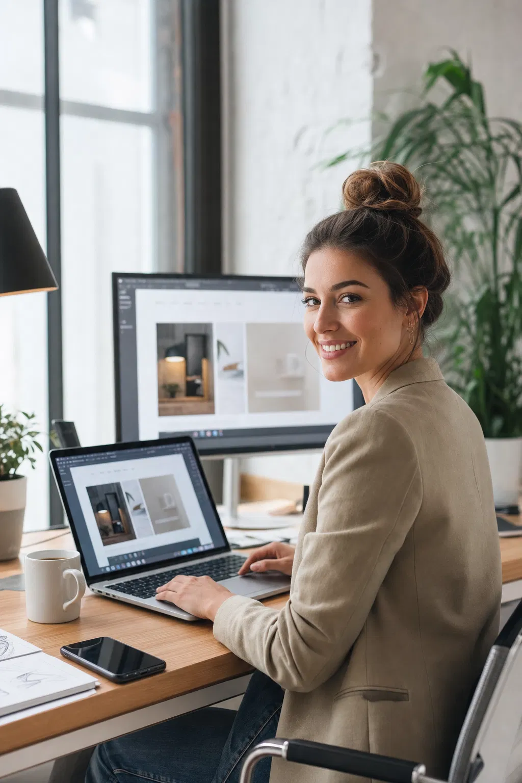 Lächelnde Gründerin im beigen Blazer arbeitet am Schreibtisch an Laptop und Bildschirm mit einer Website-Ansicht